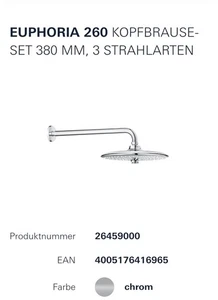 Grohe Euphoria 260 Kopfbrauseset 380 mm, 3 Strahlarten, GROHE EcoJoy - Bild 1 von 4