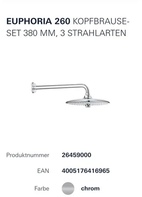 Grohe Euphoria 260 Kopfbrauseset 380 mm, 3 Strahlarten, GROHE EcoJoy - Bild 1 von 4