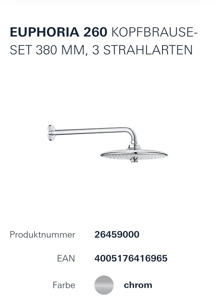 Grohe Euphoria 260 Kopfbrauseset 380 mm, 3 Strahlarten, GROHE EcoJoy - Bild 1 von 4
