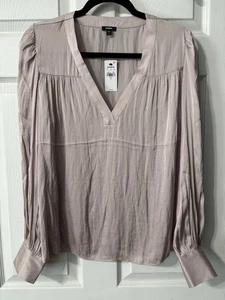 Express Womens Medium Champagne Blouse V Neck Long Sleeve Shirt Top Collarless - Picture 1 of 9