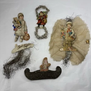 4 Victorian Paper Tinsel Ornaments Father Christmas Boys Canoe Antique READ - Picture 1 of 10