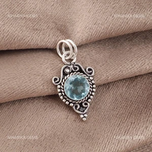 925 Argento Sterling Rotondo Topazio Blu Cielo Gemma Nozze Art Déco Boho Pendant - Foto 1 di 9