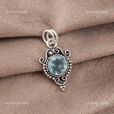 925 Argento Sterling Rotondo Topazio Blu Cielo Gemma Nozze Art Déco Boho Pendant - Immagine 1 di 4