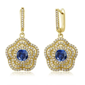 18K Yellow Gold Plated Silver Created Sapphire Flower Dangle Earrings For Women - Picture 1 of 3