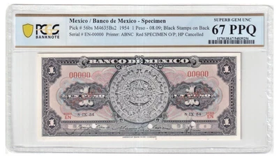 Мексика. 1 песо. 1954. ОБРАЗЕЦ, Pick-56bs PCGS 67PPQ БАНКНОТА - Изображение 1 из 4