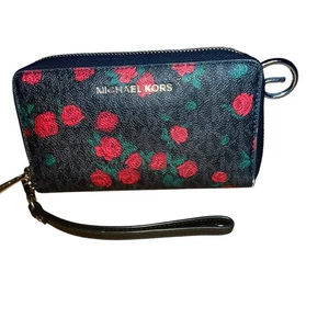 Michael Kors Jet Set Leather Signature Red Floral Geldbörse Wristlet Leder  - Bild 1 von 5
