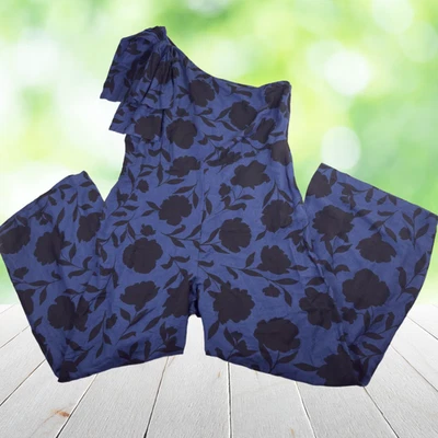 KATE SPADE Jumpsuit Womens 16 Blue Black Floral One Shoulder Wide Leg NWT Linen - Image 1 of 4