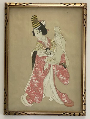 Antigua pintura de retrato vintage japonesa asiática bailando con abanico sobre seda Foto 1 de 4