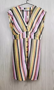 LOFT Sleeveless V-Neck Summer Casual Button Up A-Line Dress Colorful Stripes 12 - Picture 1 of 8