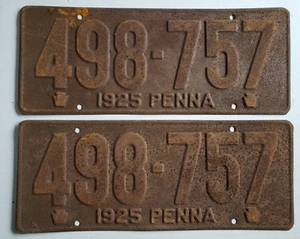 1925 Pennsylvania License Plates Matching Set Pair 498-757 Vintage / Antique - Picture 1 of 2