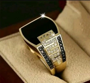 Size 11 - V 1/2 Mens Gold Alloy Inlaid Decorative Ring Large Black Square Enamel - Picture 1 of 4