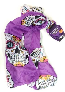 Sugar Skull Schal Day Of The Dead lila Schal leicht Goth Halloween Mädchen - Bild 1 von 12