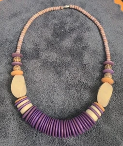 Native Heishi Beaded Necklace Purple Lavender Orange Beige Beads 19" Inches Wood - Picture 1 of 11