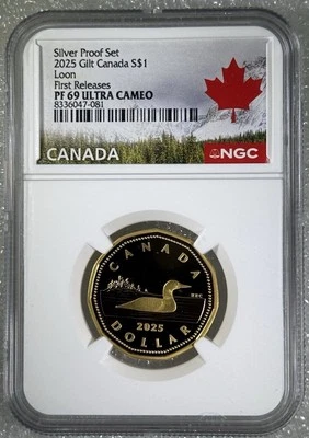 2025 $1 CANADA GILT .9999 SILVER PROOF LOONIE NGC PF69 UCAM LOON FIRST RELEASES - Image 1 of 3