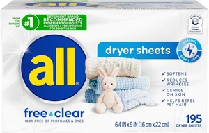 all Fabric Softener Dryer Sheets for Sensitive Skin, Free Clear, 195 Count  - Picture 1 of 8