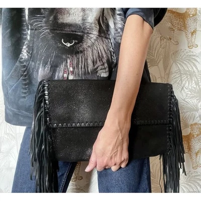 Polo Ralph Lauren Black Leather Clutch Handbag Western Fringe - Image 1 of 4
