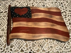 Vintage Tole Painted Wooden Flag w-Heart 10X8” - Picture 1 of 3