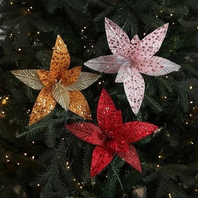 Sequin Mesh Simulation Glitter Flower Poinsettia Flower  Festive Decoration - Image 1 of 4