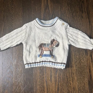 Vintage B.t. Kinder Baby Jungen Pullover Schaukelpferd weiß blau 6-9 Monate - Bild 1 von 3