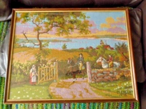 Needlepoint Tapestry Embroidery Beautiful Vintage Wall Hanging coast scene frame - Picture 1 of 4
