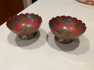 Vintage Brass Enamel Floral 4.5" X 2.5"H Pedestal Bowl Trinket Dishes lot of 2 - Image 1 of 4
