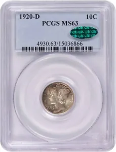 1920-D Mercury Silver Dime MS63 PCGS (CAC) - Picture 1 of 4