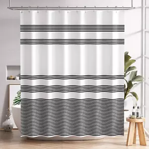 Washable Black and White Striped Shower Curtain Set, 72X72 Inches with Hooks - Picture 1 of 12