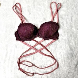 PINK VS Date Night Push Up Bra Strappy Lace Maroon Women’s 32B - Picture 1 of 10
