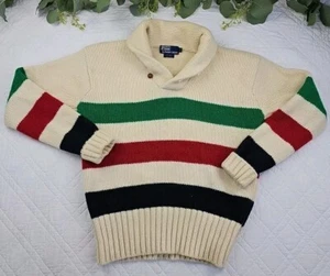 VTG Polo Ralph Lauren Mens Wool Cream Pullover Sweater Stripped Size M - Picture 1 of 10