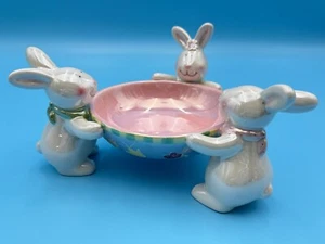 Vintage Lillian Vernon 3 Easter Bunnies Circle Iridescent CeramicCandyDish9”x 5” - Picture 1 of 12