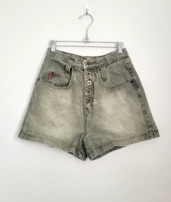 Pantalones Cortos De Colección Y2k LEI Botón Mosca Verde Lavado Piedra Cintura Alta Denim Talla S Grunge Foto 1 de 4