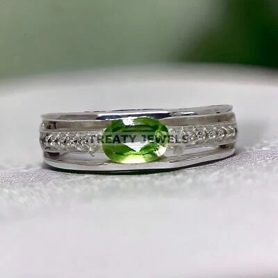 Piedras preciosas de corte ovalado de peridoto con anillo de plata de ley 925 para hombre #949 * Foto 1 de 4