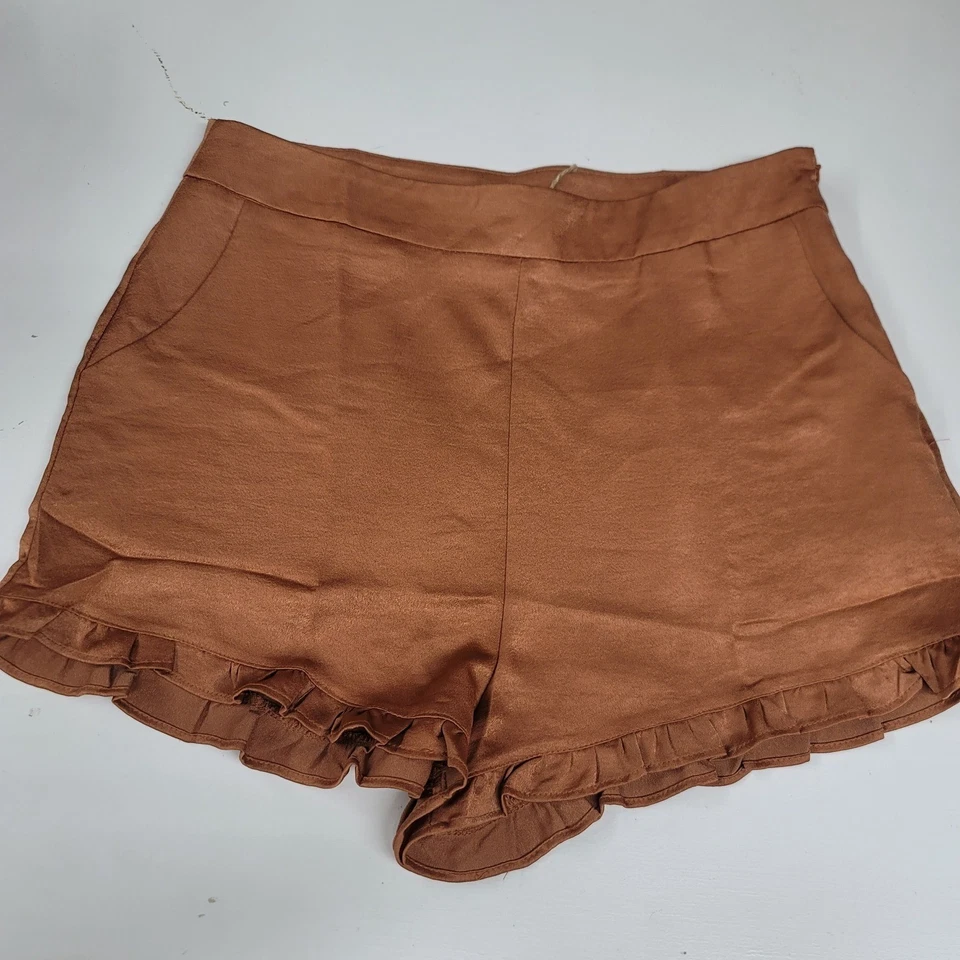 Pantalones Cortos Coletta Dobladillo con Volantes Marrón Cobre Cintura Alta Informales Verano Para Mujer Grandes Foto 1 de 4