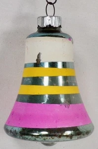 Shiny Brite Christmas Ornament Blue Bell Pink White Yellow Stripes Glass #1360 - Picture 1 of 8
