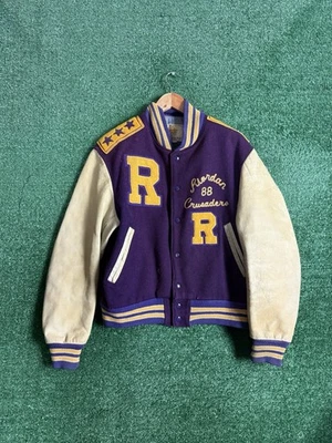 VTG 80s Golden Bear Leather Varsity Jacket Men's Large Purple Bomber Wool Patch - Image 1 of 4
