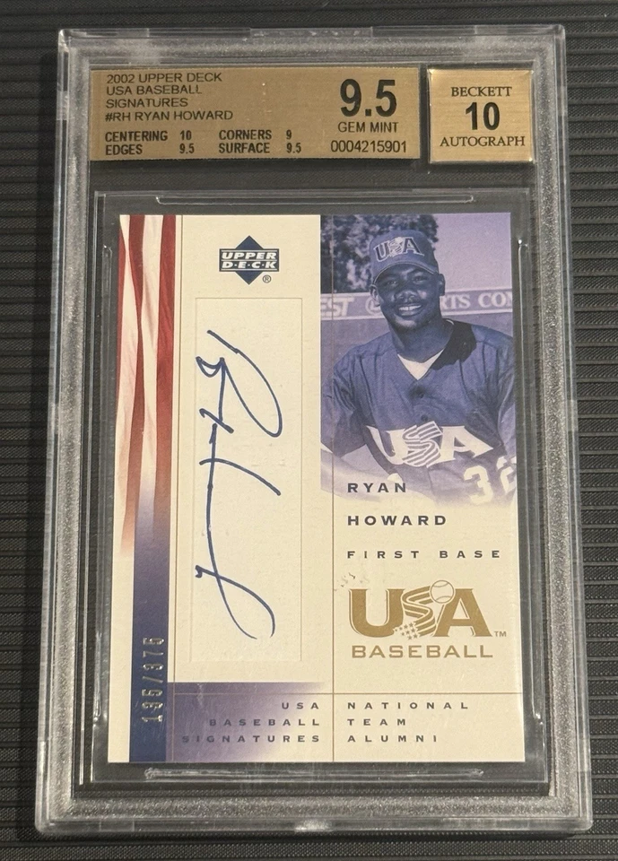 Бейсбольная карточка BGS 9.5 RYAN HOWARD 2002 Upper Deck USA RC с автографом No/375 POP 7 - Изображение 1 из 2