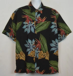 Kahala Hawaiian Shirt Mens L Black Short Sleeve Floral Rayon Cotton Linen Blend - Picture 1 of 12