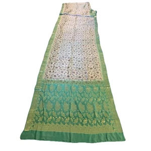 Indian WOMENS PRE-OWNED VINTAGE WHITE/GREEN Pure Chanderi SILK SAREE SARI CRAFT - Picture 1 of 21