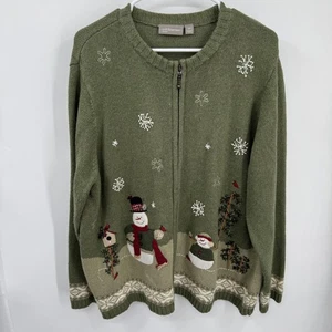 Croft & Barrow Sweater Womens 2X Green Cardigan Embroidered Christmas Snowman - Picture 1 of 8