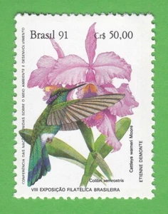 1991 WHITE VENTED VIOLETEAR HUMMINGBIRD STAMP CATTLEYA ORCHID FLOWER BRAZIL MNH - Picture 1 of 1