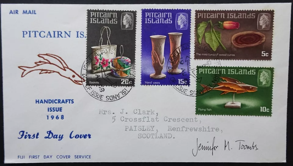Pitcairn island Handicrafts 1968 air mail issue FDC signed Jennifer Toombs - Image 1 of 1