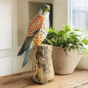 Hand Carved Wooden KESTREL Bird of Prey Sculpture on Tree Stump Fairtrade Gift - Picture 1 of 8