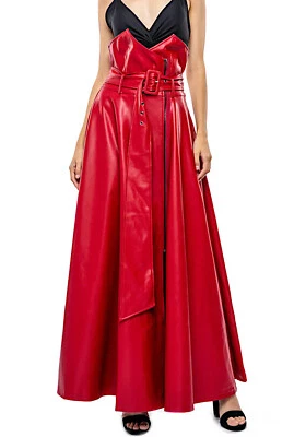 Maxi long skirt  wide flared in eco-leather with structured waist belt 4101 Foto 1 de 2