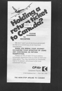 CANADIAN PACIFIC CP AIR 1974 HAWAII NON-STOP 747 TO CANADA PLEASE RECONFIRM AD - Bild 1 von 1
