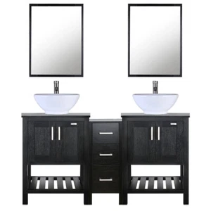 60" Black Bathroom Vanity Set Mirror W/ White Ceramic Sink Combo Faucet Mirror - Picture 1 of 12