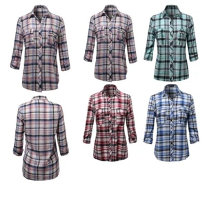 FashionOutfit Women's Long Sleeve Lightweight Plaid Button Down Shirt Blouse Top - Picture 1 of 14