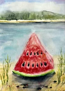 Original Painting A4 Watercolor Landscape Modern Slice Watermelon Relax Sea bank - Picture 1 of 7