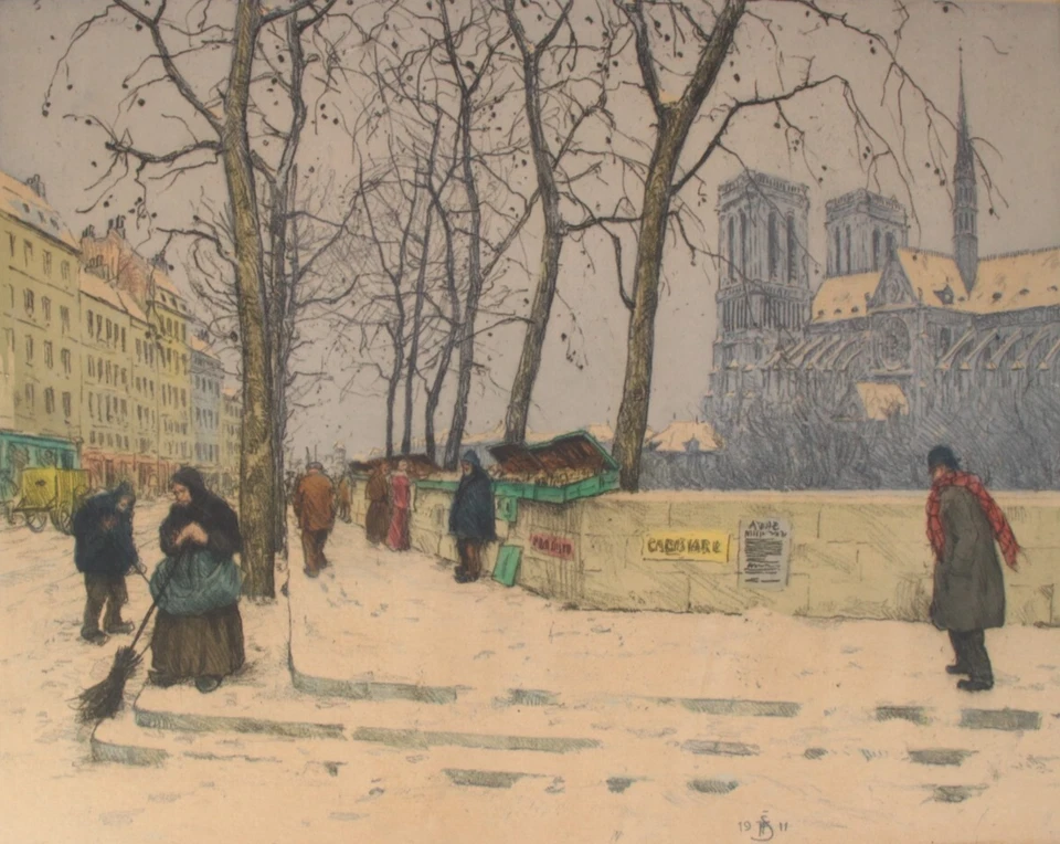 TAVIK FRANTISEK SIMON Quai de la Tournelle im Winter ~ Farbradierung Paris 1911 - Bild 1 von 4