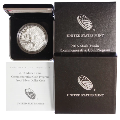 2016 P Mark Twain Proof Commem 90% Silver Dollar OGP Cover