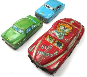 1950s JAPAN TIN LITHO CARS - COMIC CAR W/LION ON TOP AND 2 BONUS CARS - Picture 1 of 2